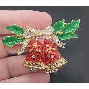 Christmas Bells Brooch Rhinestones and Enamel Bow Holly Leaves Winter